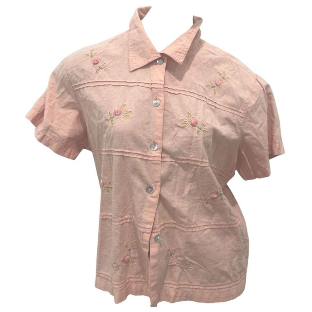 Pink cotton button up blouse with embroidered floral details, size S